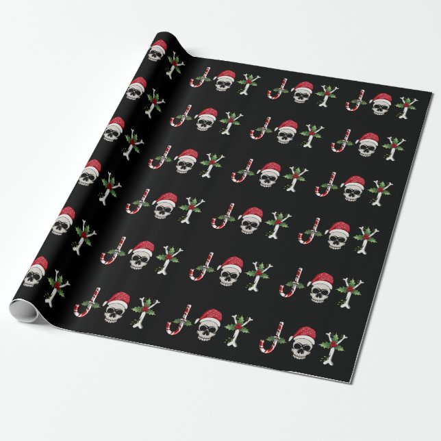 Papier Cadeau Joy Gothic Skull Holly Noël Holiday (Déroulé)