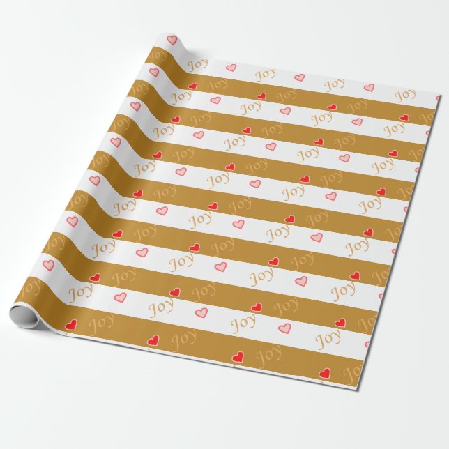 Papier Cadeau Joy Heart Motif sur Striped Golden & White (Déroulé)