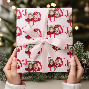 Papier Cadeau JOY Photo de Noël moderne rouge et rose