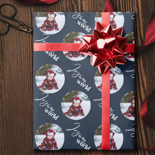 Papier Cadeau Joy to the World Script Round Photos Blue