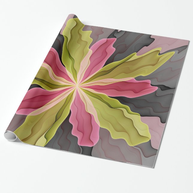 Papier Cadeau Joy, Vert rose Anthracite Imaginaire Fleur Fractal (Déroulé)