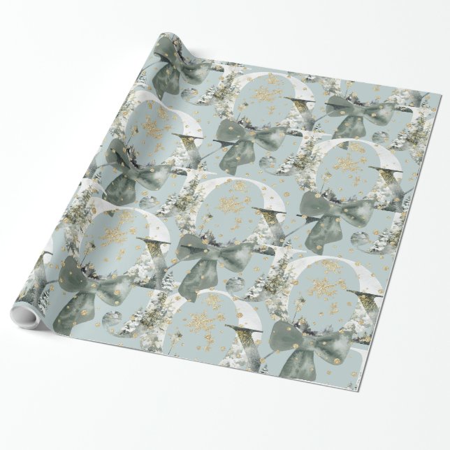 Papier Cadeau Joy Winter Forest Police Green Bow Gold Snow (Déroulé)