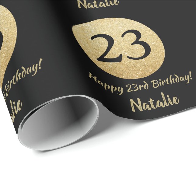 Papier Cadeau Joyeuse 23e anniversaire Parties scintillant Noir  (Coin rond)