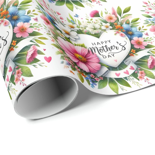 Papier Cadeau Joyeuse Fête des mères Coeur floral (Coin rond)