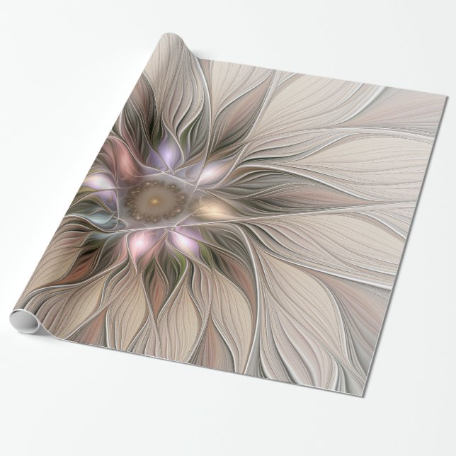 Papier Cadeau Joyeuse Fleur Abstrait Beige Brown Floral Fractal (Déroulé)