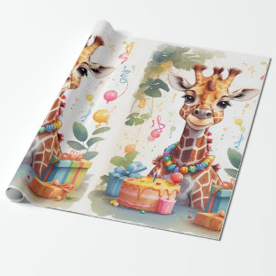 Papier Cadeau Joyeuse Giraffe avec cadeaux et gâteau Papier d'