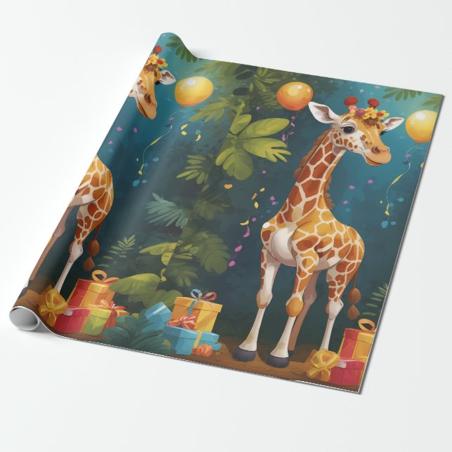 Papier Cadeau Joyeuse Giraffe avec cadeaux | Papier d'enrobage (Déroulé)
