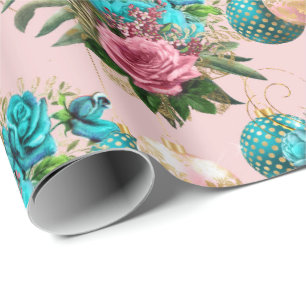 Papier Cadeau Joyeuse Parties scintillant de Noël Bauble or rose