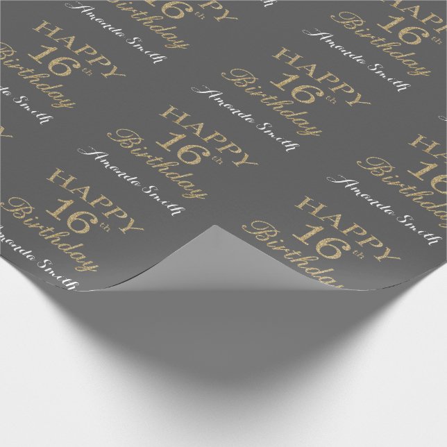 Papier Cadeau Joyeuse Parties scintillant d'or et gris du 16e an (Coin)