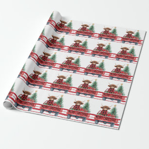 Papier Cadeau Joyeuse voiture rouge de Noël avec sapin de Noël