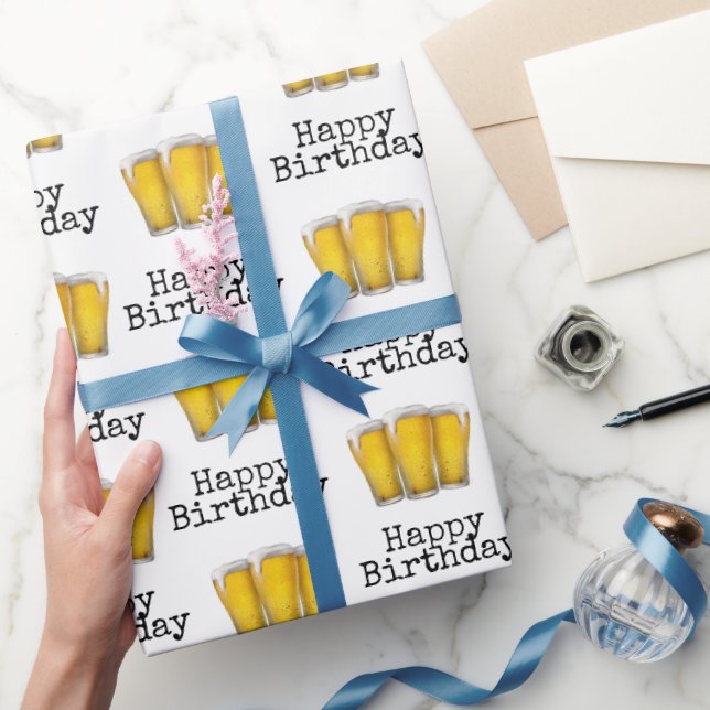 Papier Cadeau Joyeuses bières d'anniversaire en blanc (Cadeaux)