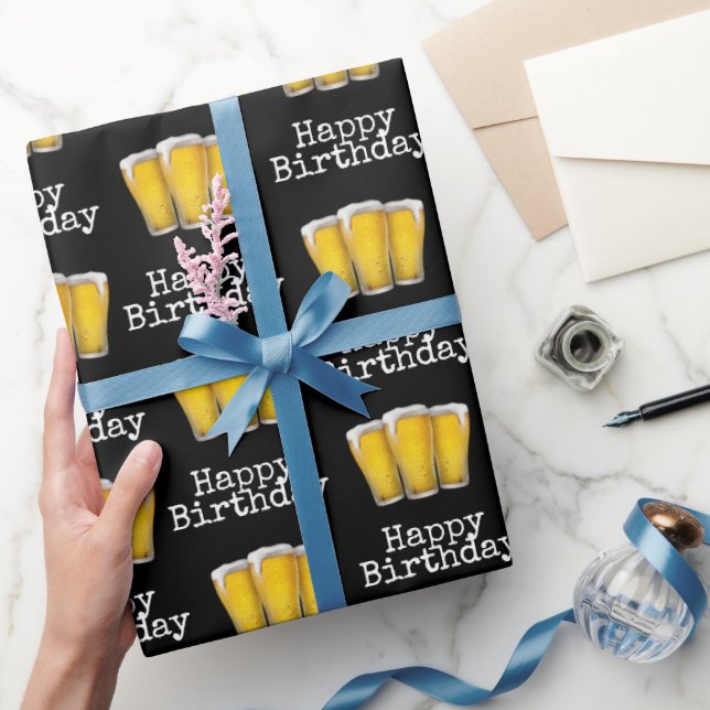 Papier Cadeau Joyeuses bières d'anniversaire en noir (Cadeaux)