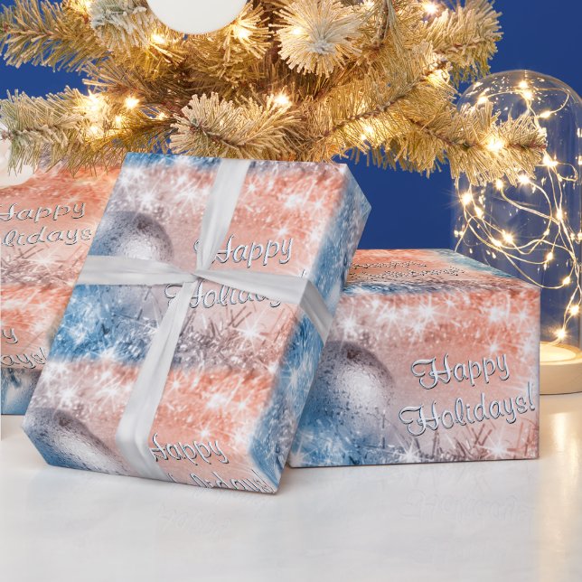 Papier Cadeau Joyeuses fêtes Bleu clair et Noël corail (Vacances)
