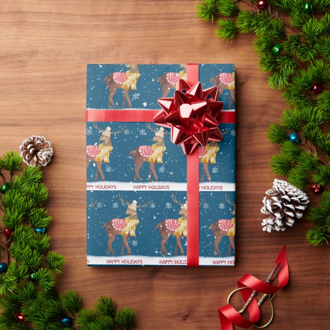 Papier Cadeau Joyeuses fêtes Cerfs dans les flocons de neige (Cadeau de vacances)
