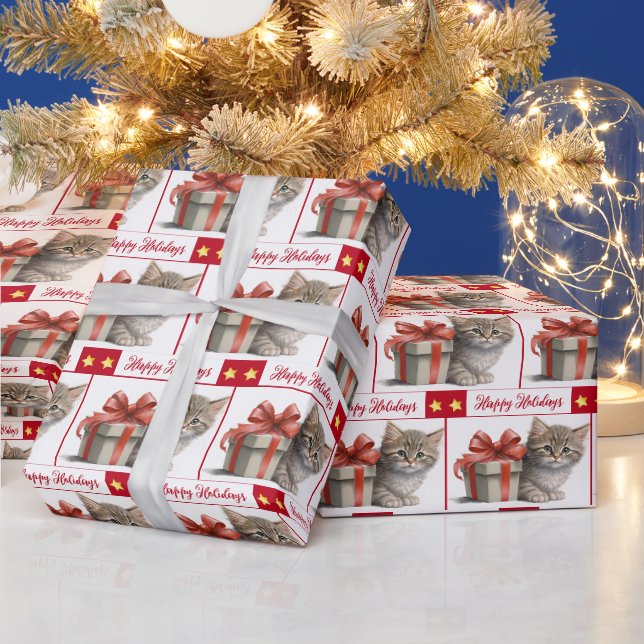 Papier Cadeau Joyeuses fêtes Chatons et cadeaux (Vacances)