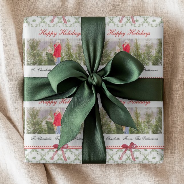 Papier Cadeau Joyeuses fêtes Mistletoe Red Bow Photo personnalis (Créateur téléchargé)