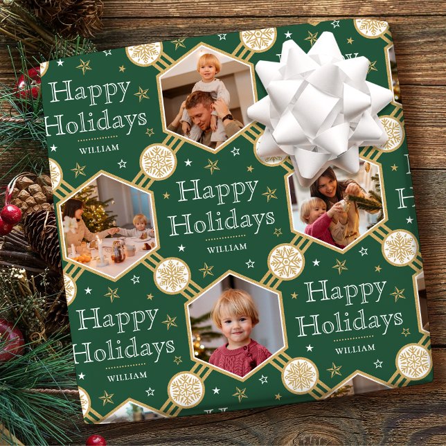 Papier Cadeau Joyeuses fêtes Noël Flocon de neige photo vert (Créateur téléchargé)