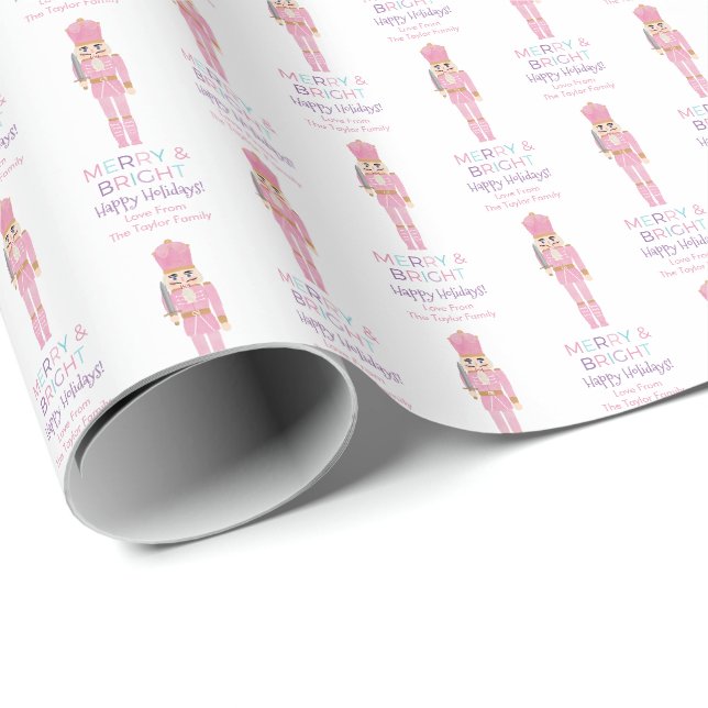 Papier Cadeau Joyeuses fêtes Pink Lilac Nutcrackers Nom de famil (Coin rond)