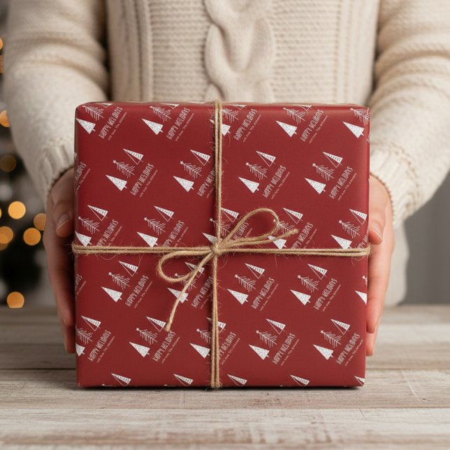 Papier Cadeau Joyeuses Fêtes Rouges Épinette Festive (Custom Happy Holidays Red Festive Spruce Wrapping Paper)