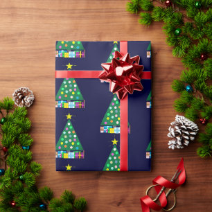 Papier Cadeau Joyeuses Fêtes Sapin de Noël Vert:  Bleu foncé