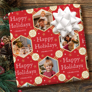 Papier Cadeau Joyeuses fêtes Snowflake Photo Red Gold