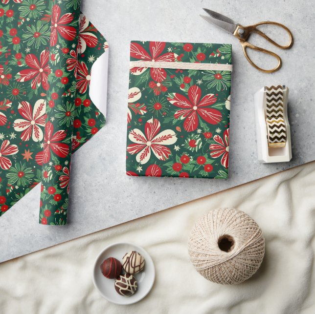 Papier Cadeau Joyeuses Fleurs de Noël et étoiles (Artisanat)