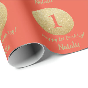 Papier Cadeau Joyeux 15e anniversaire Coral Orange and Gold Part