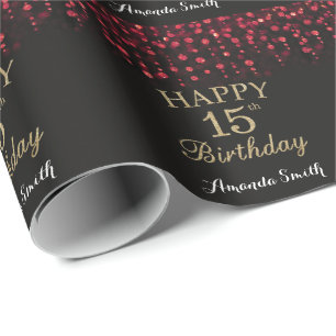Papier Cadeau Joyeux 15e anniversaire Parties scintillant rouge