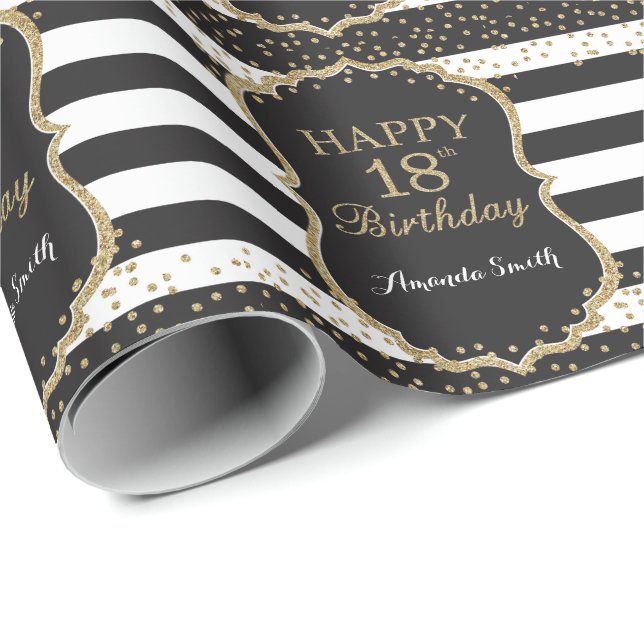 Papier Cadeau Joyeux 18e anniversaire Gold Parties scintillant W (Coin rond)