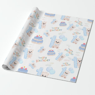 Papier Cadeau Joyeux 1er anniversaire bébé garçon mignon ours bl