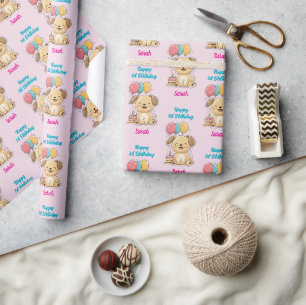 Papier Cadeau Joyeux 1er Anniversaire, Chiot, Fille, Personnalis