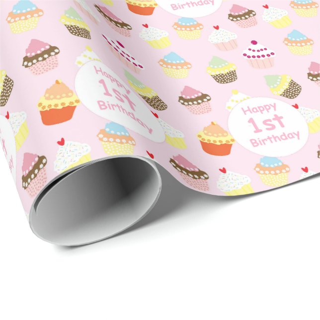Papier Cadeau Joyeux 1er Anniversaire Cupcake Pink Cadeau Envelo (Coin rond)