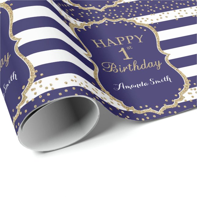 Papier Cadeau Joyeux 1er anniversaire Gold Parties scintillant e (Coin rond)