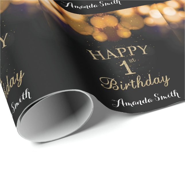 Papier Cadeau Joyeux 1er anniversaire Parties scintillant noire  (Coin rond)