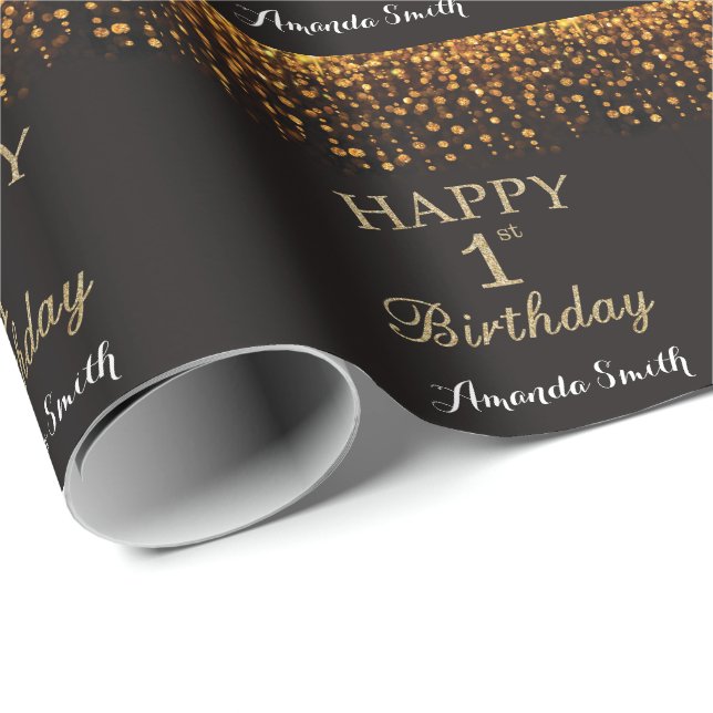Papier Cadeau Joyeux 1er anniversaire Parties scintillant noire  (Coin rond)