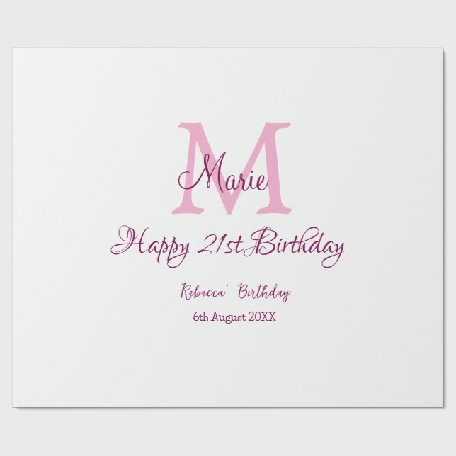 Papier Cadeau Joyeux 21e Anniversaire rose ajouter nom monogramm (Plat)