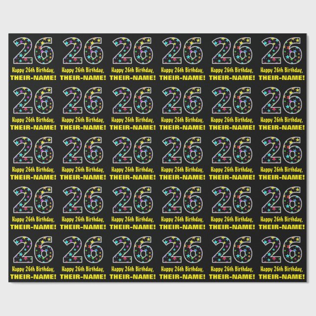 Papier Cadeau Joyeux 26e anniversaire, Fun Colorful Stars Motif  (Plat)