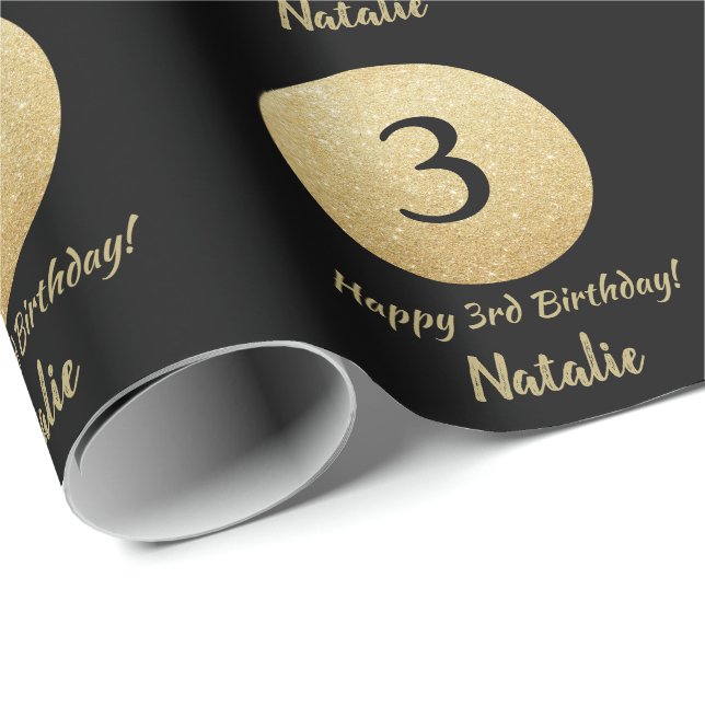 Papier Cadeau Joyeux 3e anniversaire Parties scintillant Noir et (Coin rond)