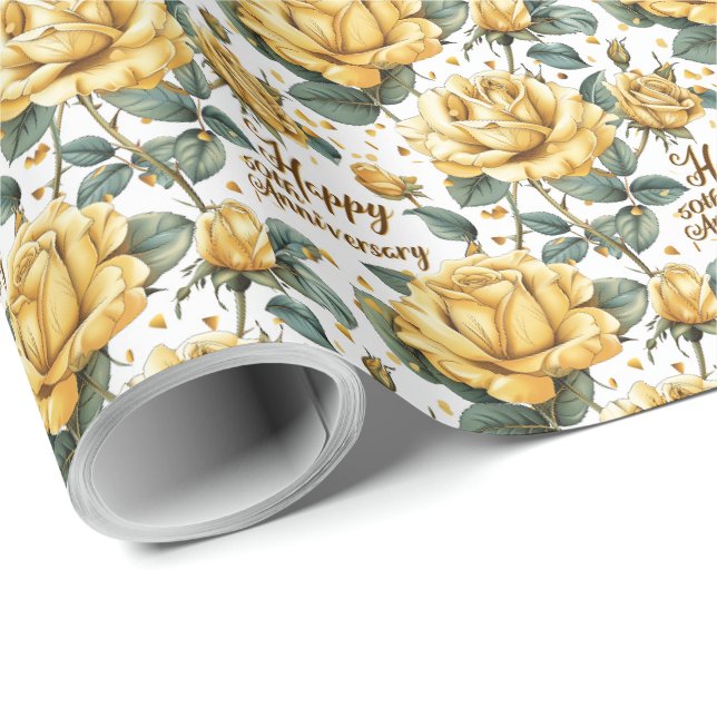 Papier Cadeau Joyeux 50e anniversaire Cadeau Envelopper Roses Ja (Coin rond)