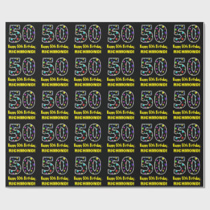 Papier Cadeau Joyeux 50e anniversaire, Fun Colorful Stars Motif 