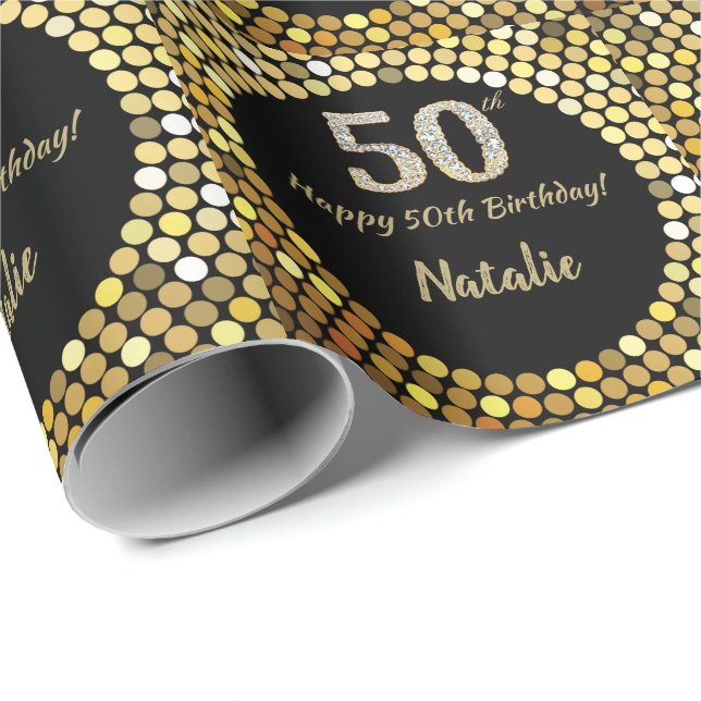 Papier Cadeau Joyeux 50e anniversaire Parties scintillant Noire  (Coin rond)