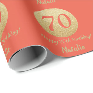 Papier Cadeau Joyeux 70e anniversaire Coral Orange and Gold Part