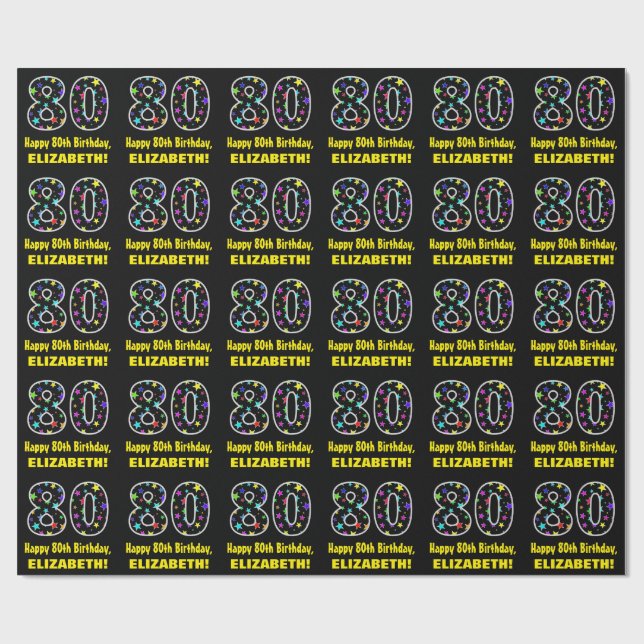 Papier Cadeau Joyeux 80e anniversaire, Fun Colorful Stars Motif  (Plat)