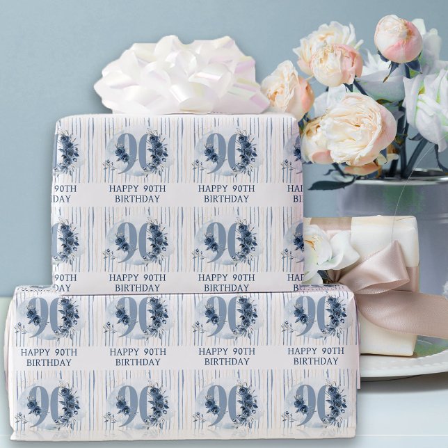 Papier Cadeau Joyeux 90e anniversaire Floral Numéro 90 (90th Birthday Wrapping Paper from my Floral Number Birthday Party Collection)