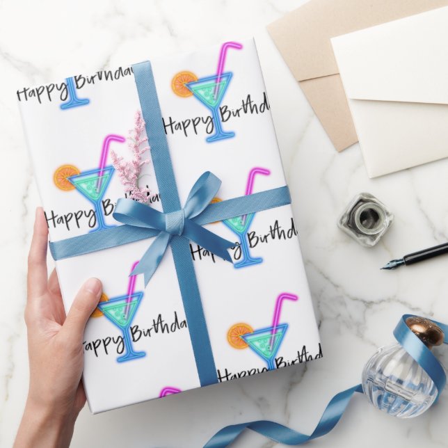 Papier Cadeau Joyeux Anniversaire Avec Cocktail Neon (Cadeaux)