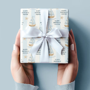 Papier Cadeau Joyeux anniversaire   Bateau à voile bleu Pastel