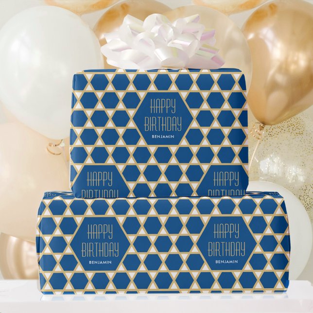 Papier Cadeau Joyeux anniversaire Blue Gold Star Motif personnal (Créateur téléchargé)