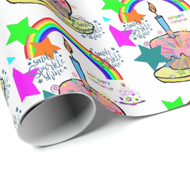 Papier Cadeau Joyeux Anniversaire Cadeau Papier Arc-en-ciel (Coin rond)