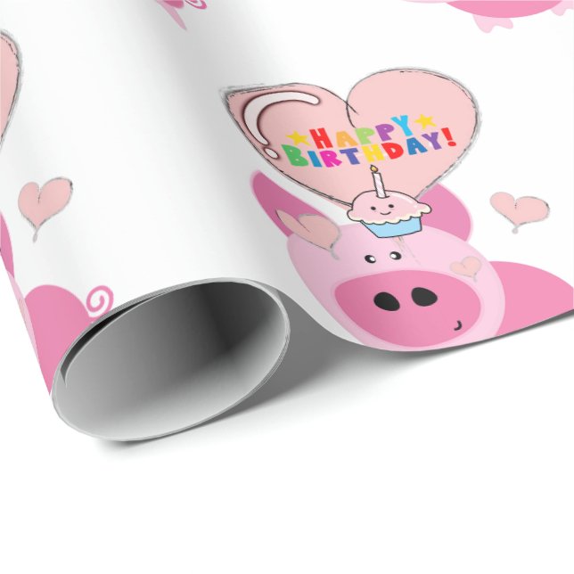 Papier Cadeau Joyeux Anniversaire Cadeau Papier Papier Pig Rose (Coin rond)