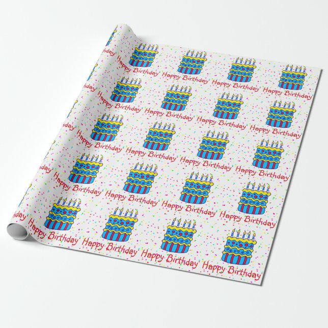 Papier Cadeau Joyeux Anniversaire Cake Confetti Party papier d'e (Déroulé)